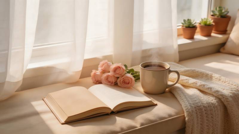 窗边书香与咖啡图片