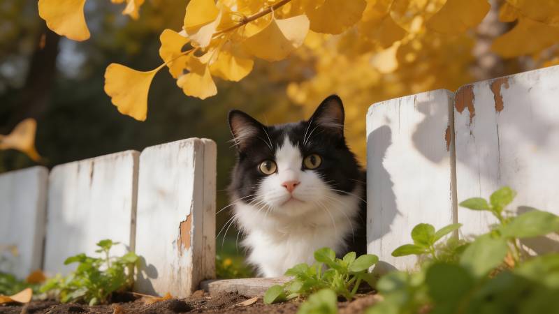 秋叶下的黑白猫图片