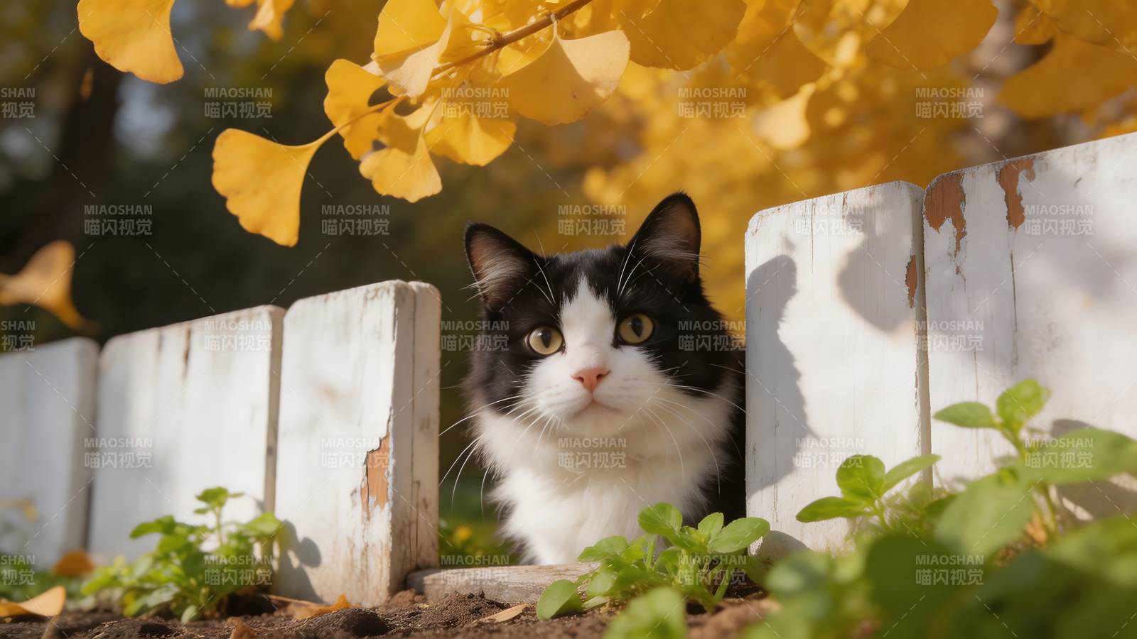 秋叶下的黑白猫图片