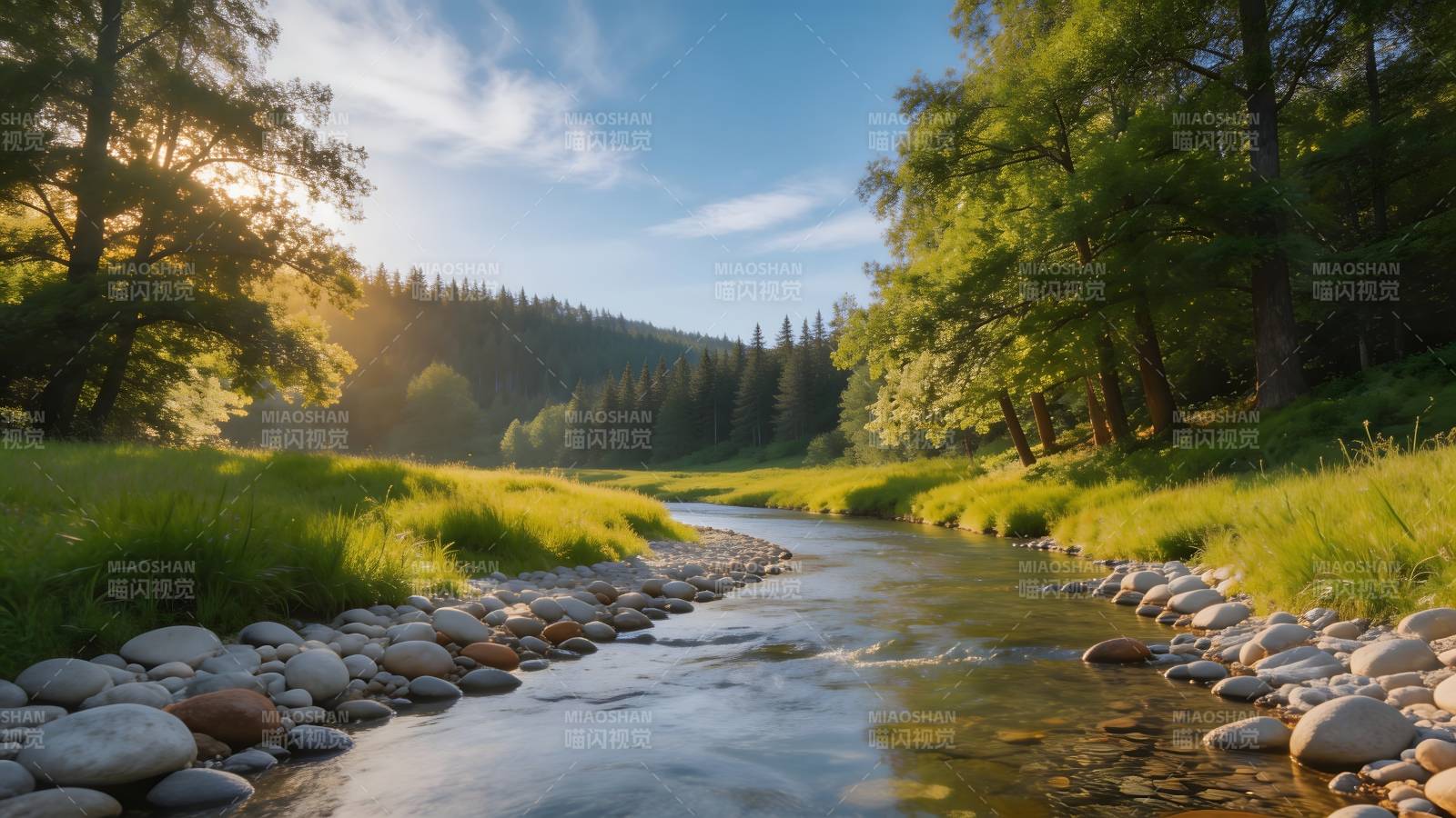 溪流林间晨光图片