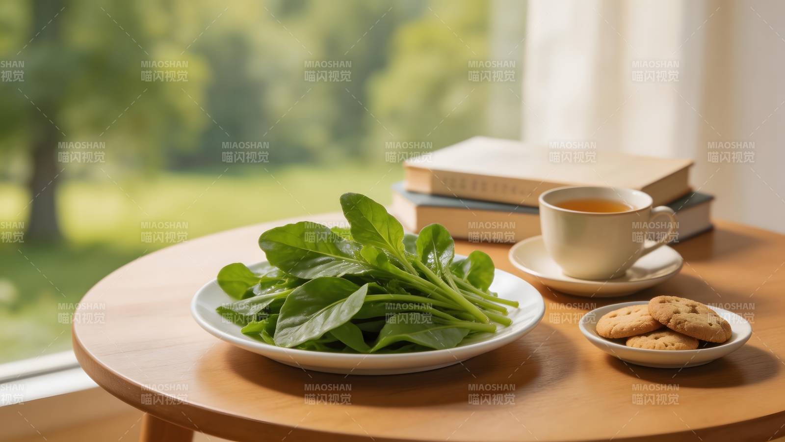窗边茶点与绿叶菜图片