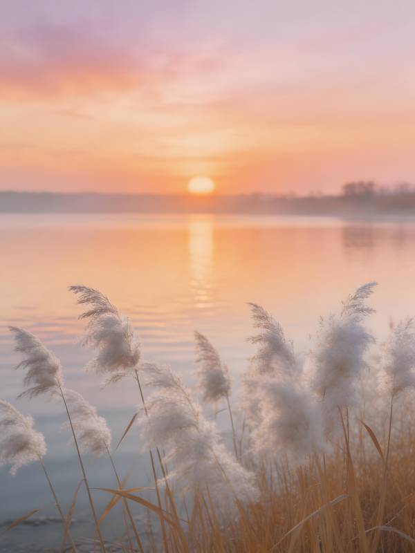 湖畔日落芦苇飘图片
