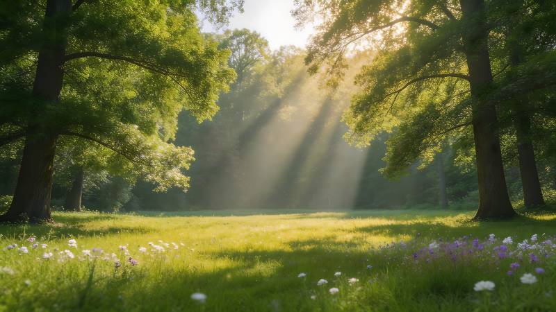晨光穿透林间图片
