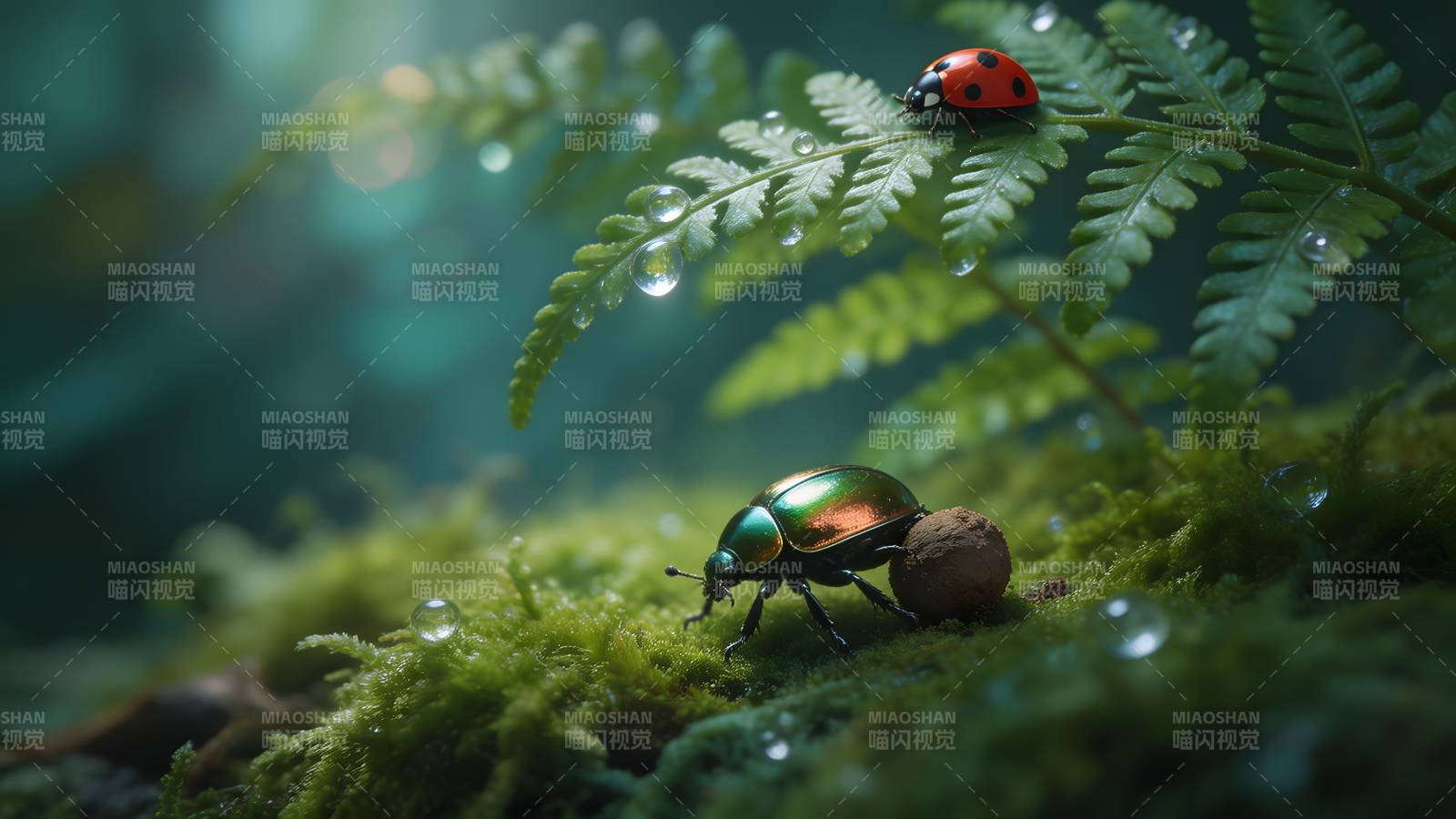 绿叶上的瓢虫与甲虫图片