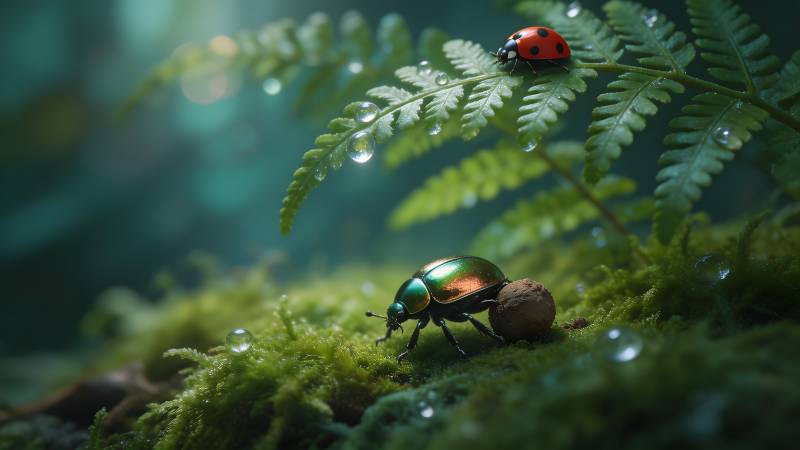 绿叶上的瓢虫与甲虫图片