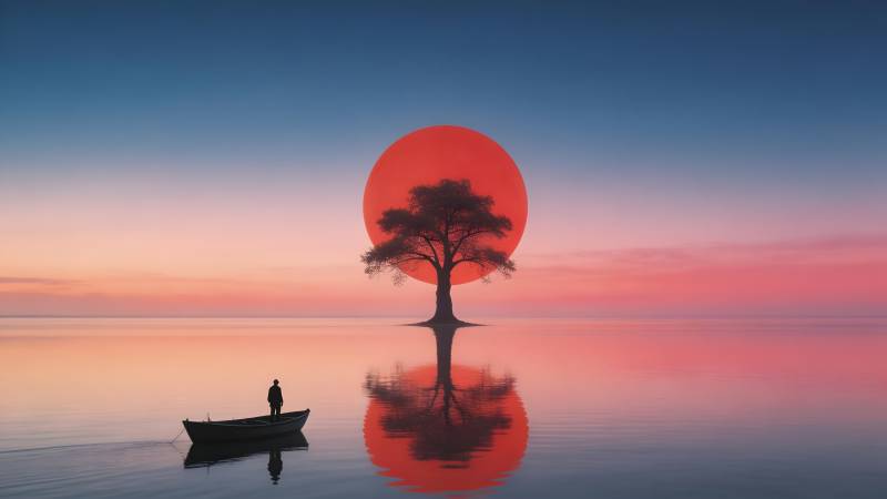孤树映日 舟影静水图片