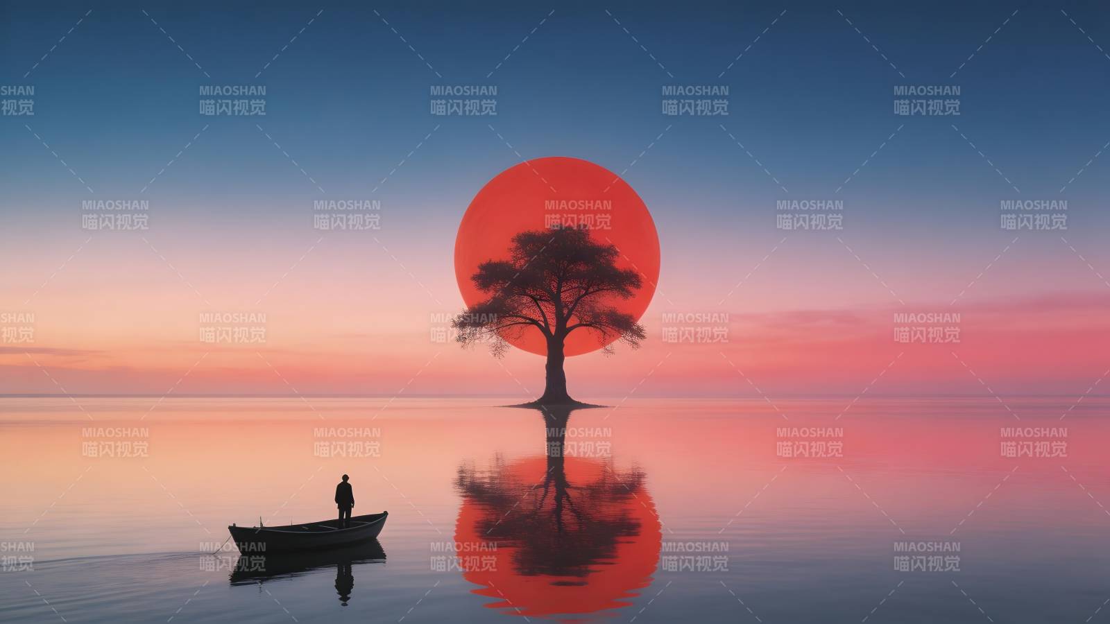 孤树映日 舟影静水图片