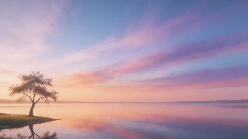 湖畔孤树映霞光图片