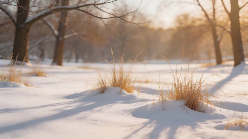 雪地枯草映斜阳图片