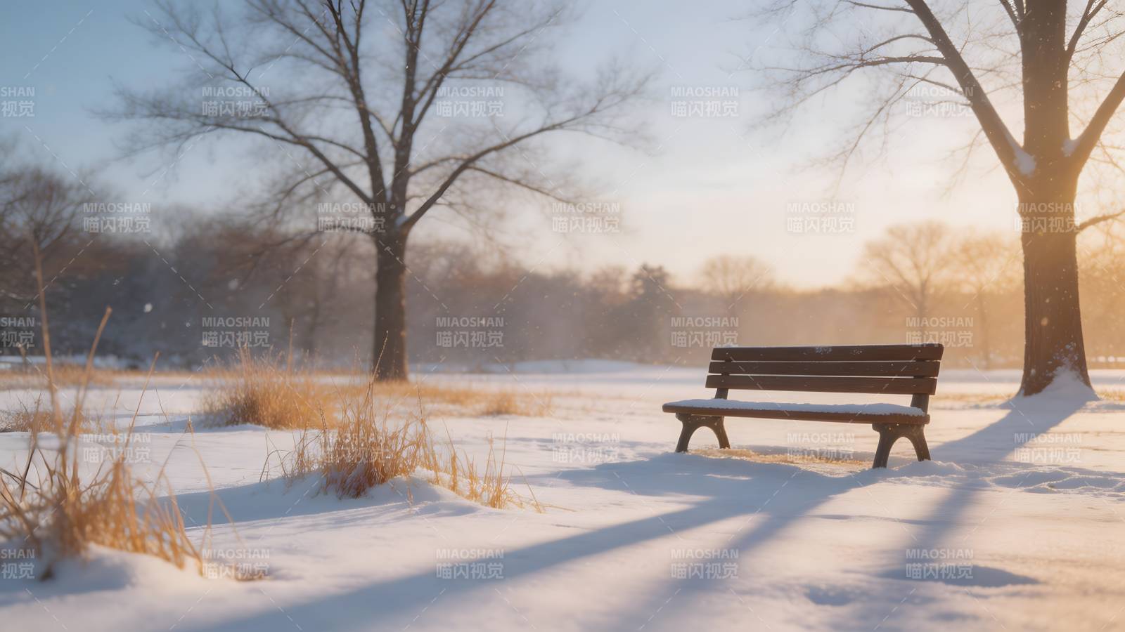 雪地长椅静谧冬晨图片