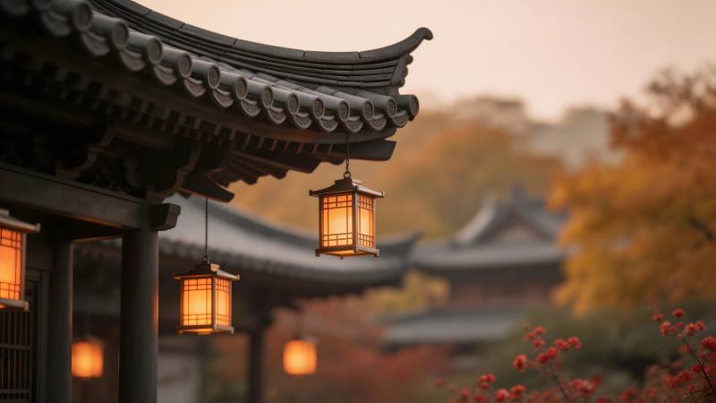 秋夜古寺灯影图片