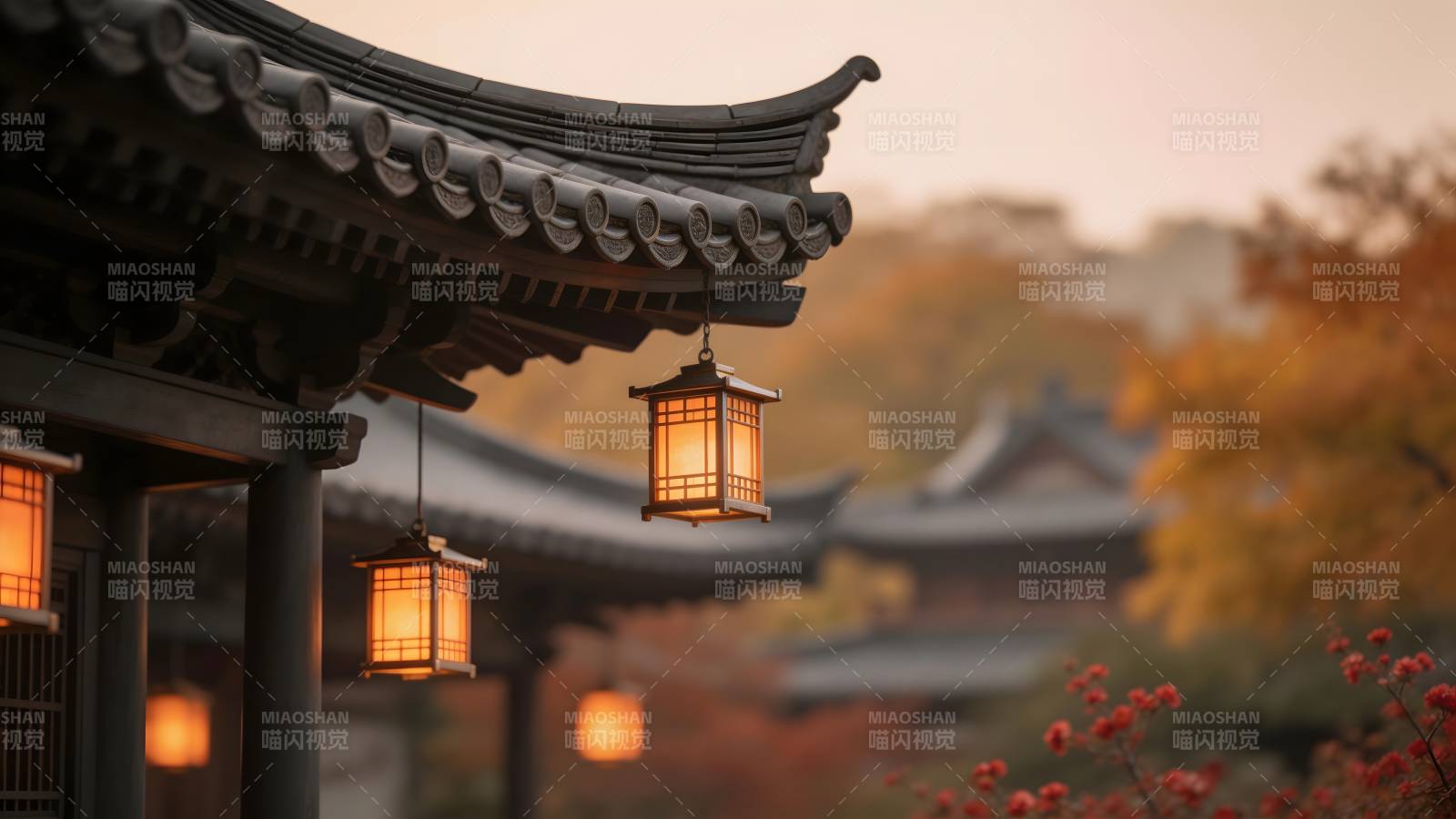 秋夜古寺灯影图片