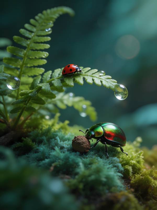 绿叶上的瓢虫与甲虫图片