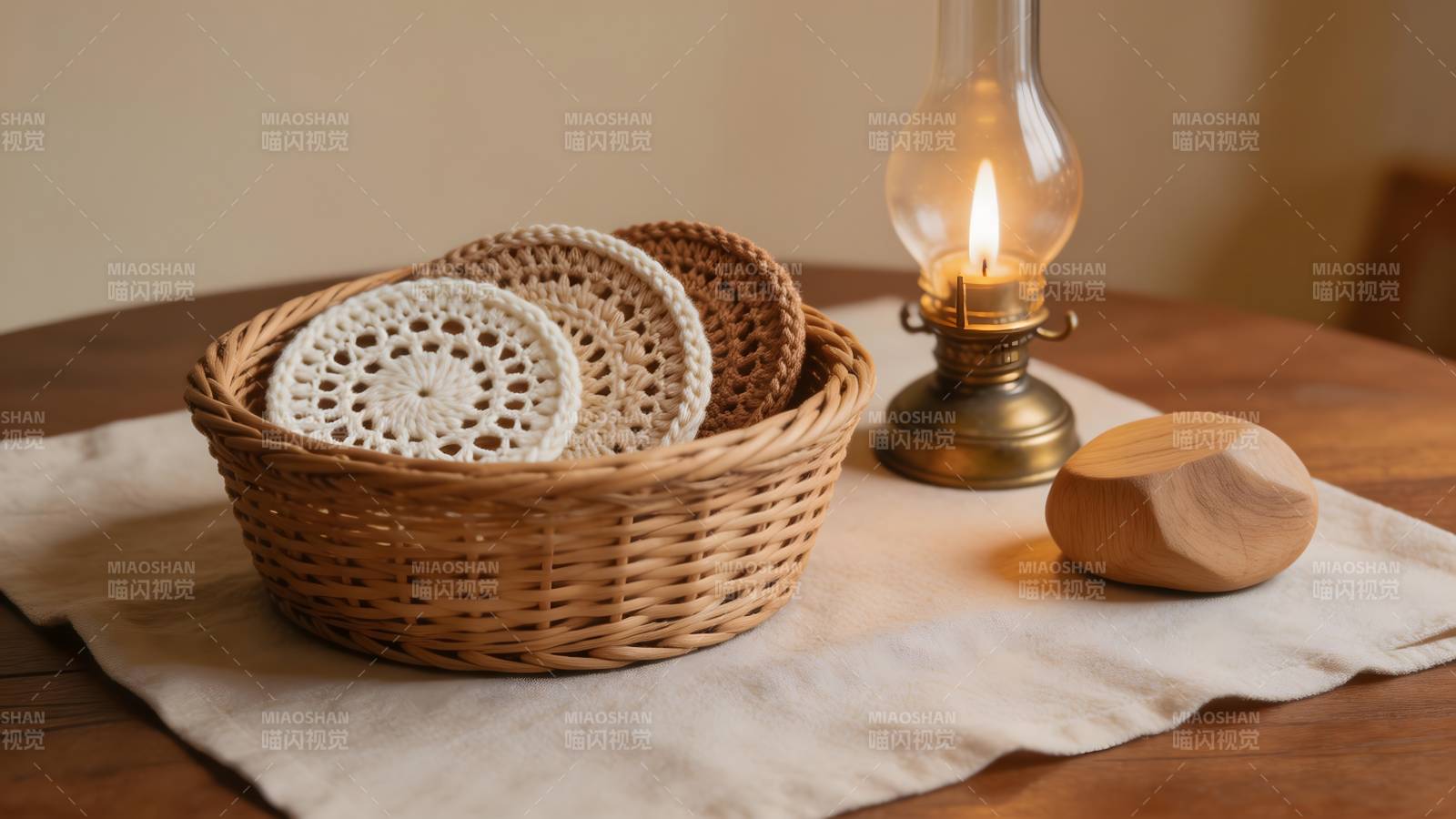 温馨烛光下的编织篮图片