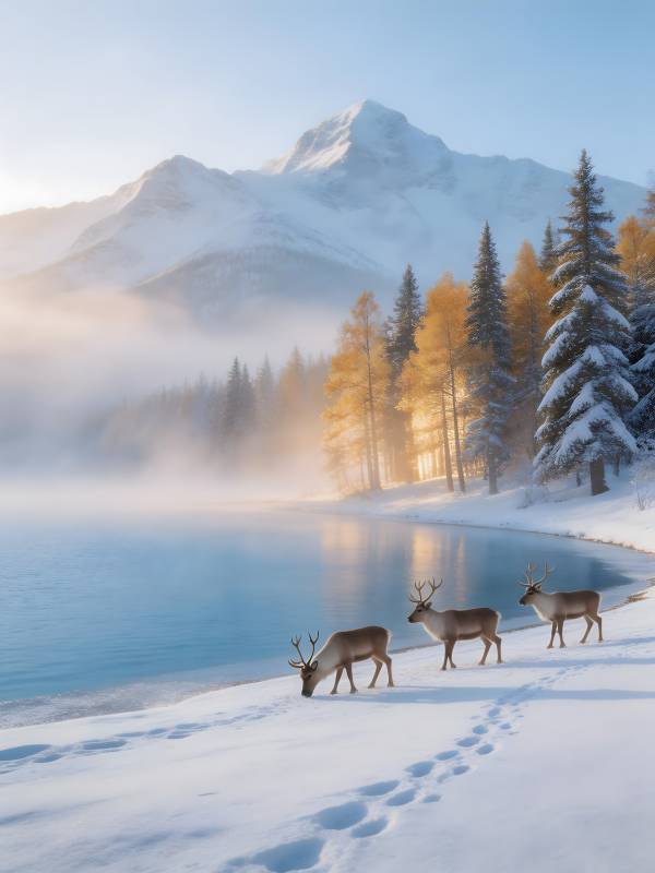 雪湖晨光鹿影图片