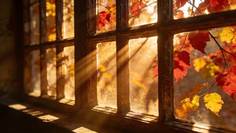 秋光透过窗棂图片