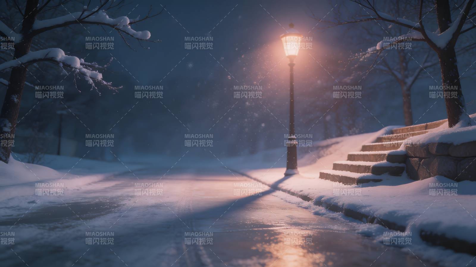 雪夜灯影图片