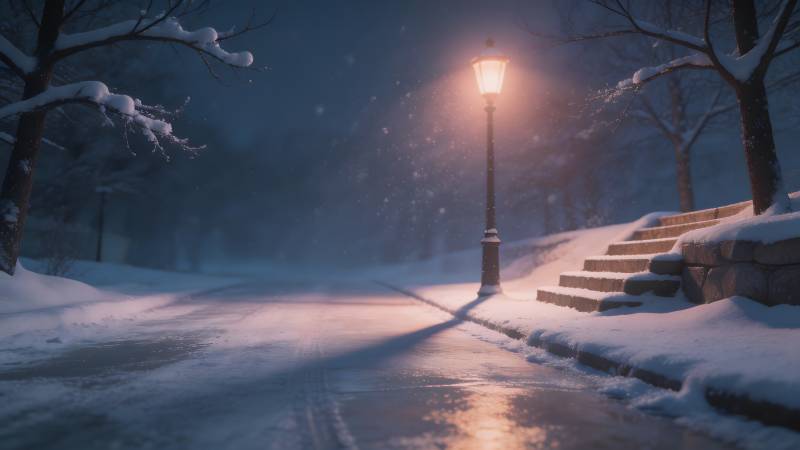 雪夜灯影图片