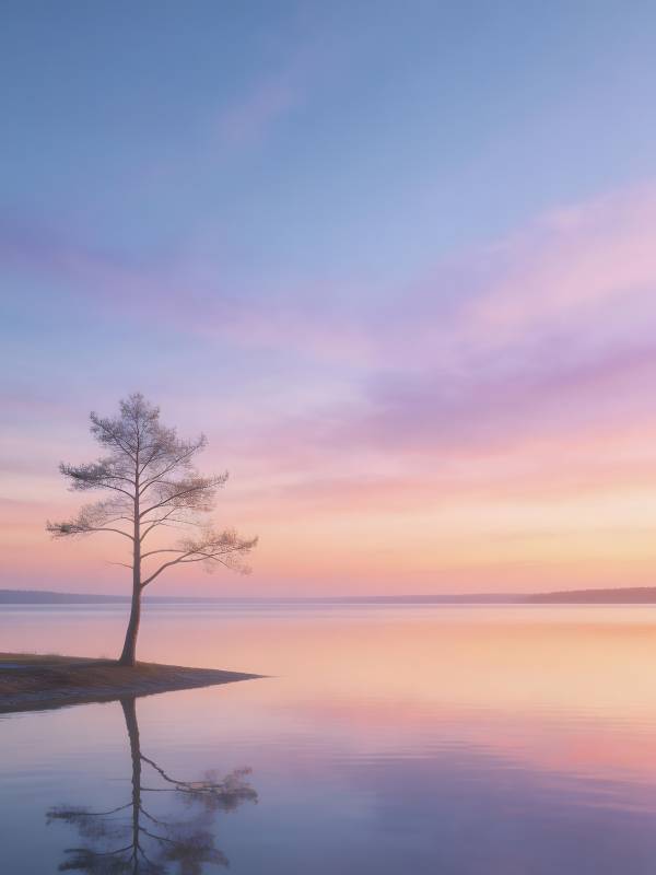 孤树映湖 霞光满天图片
