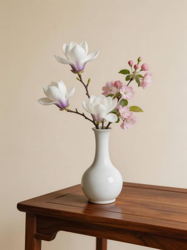 花瓶静置木桌图片