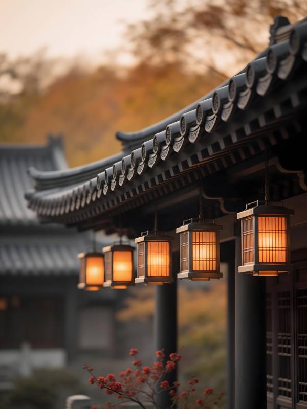 古寺暮色灯影图片