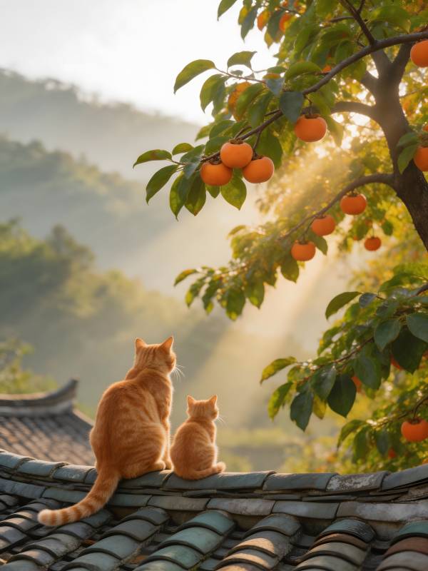 猫望柿树晨光图片