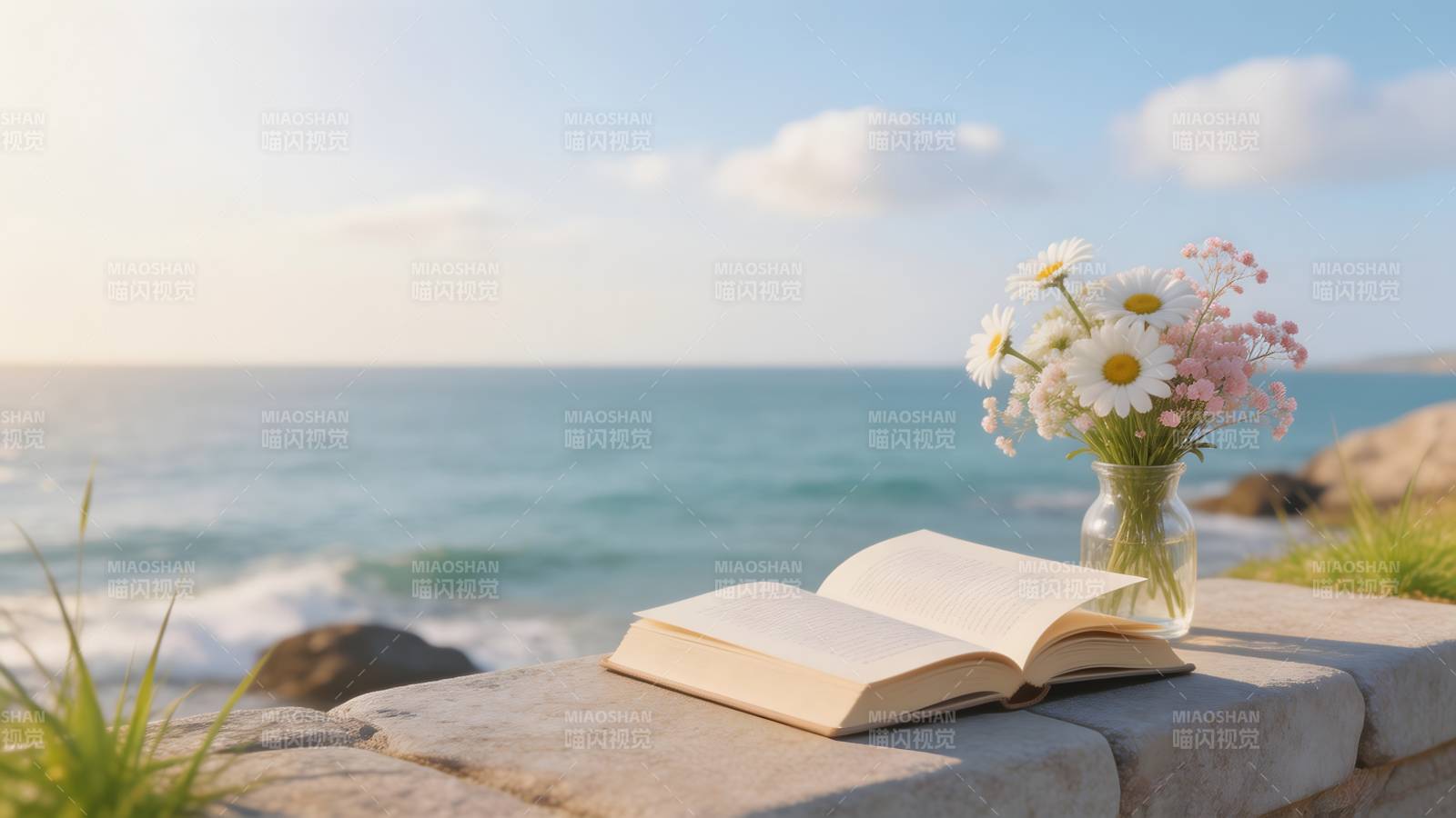海边书与花图片