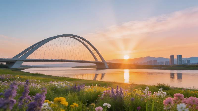 拱桥日落花海图片
