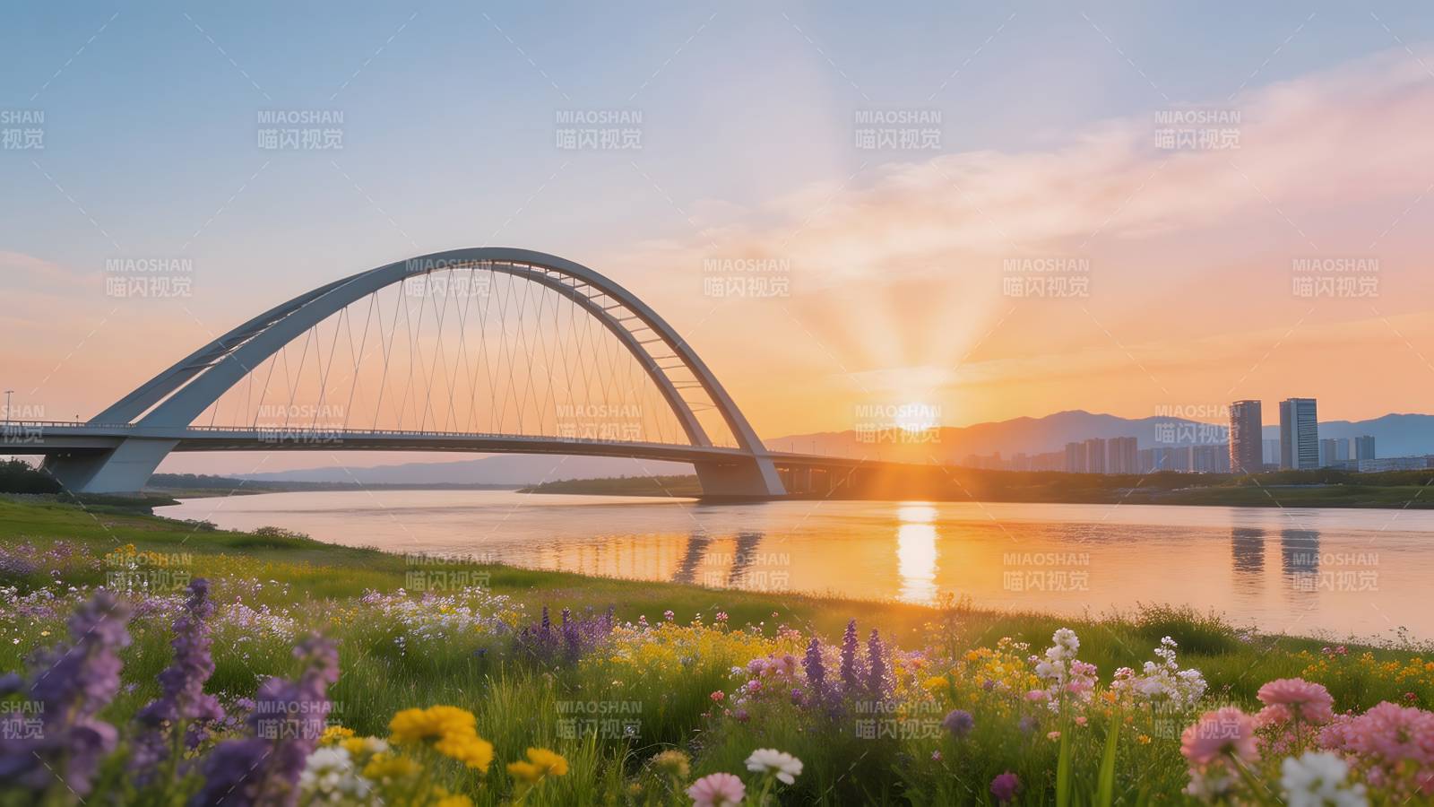 拱桥日落花海图片