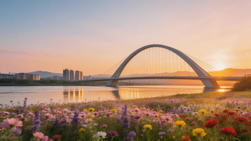 花海拱桥日落图片