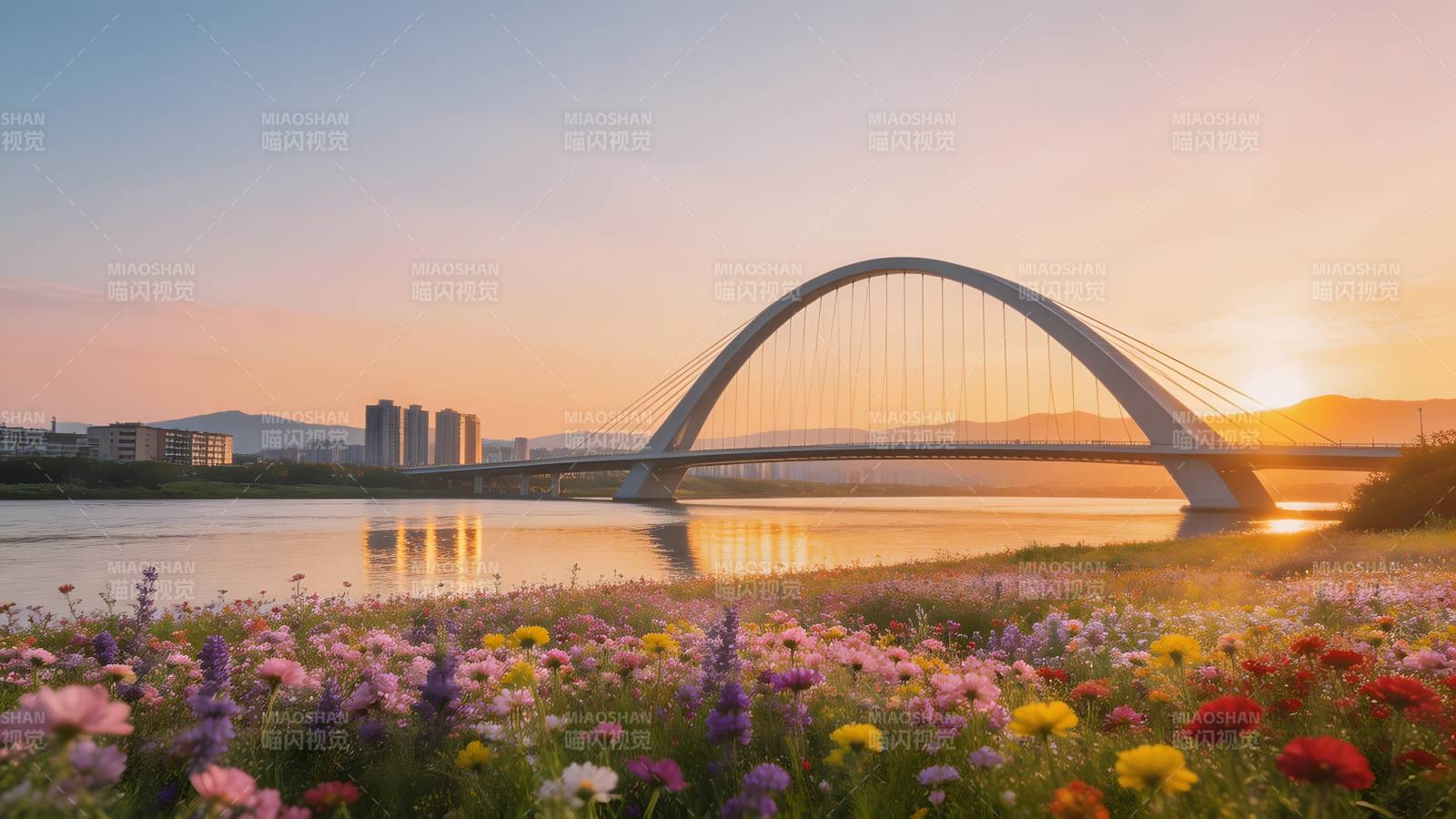 花海拱桥日落图片