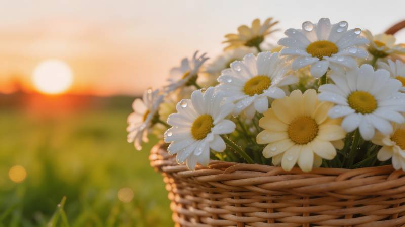 夕阳下的雏菊篮图片