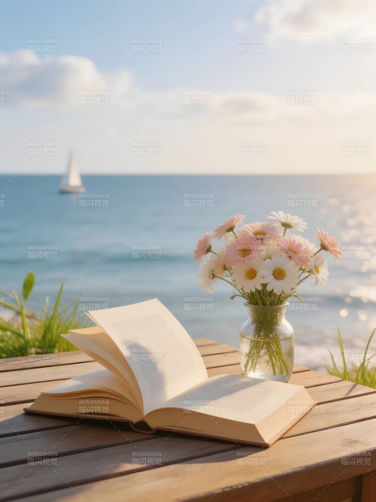 海边书与花图片