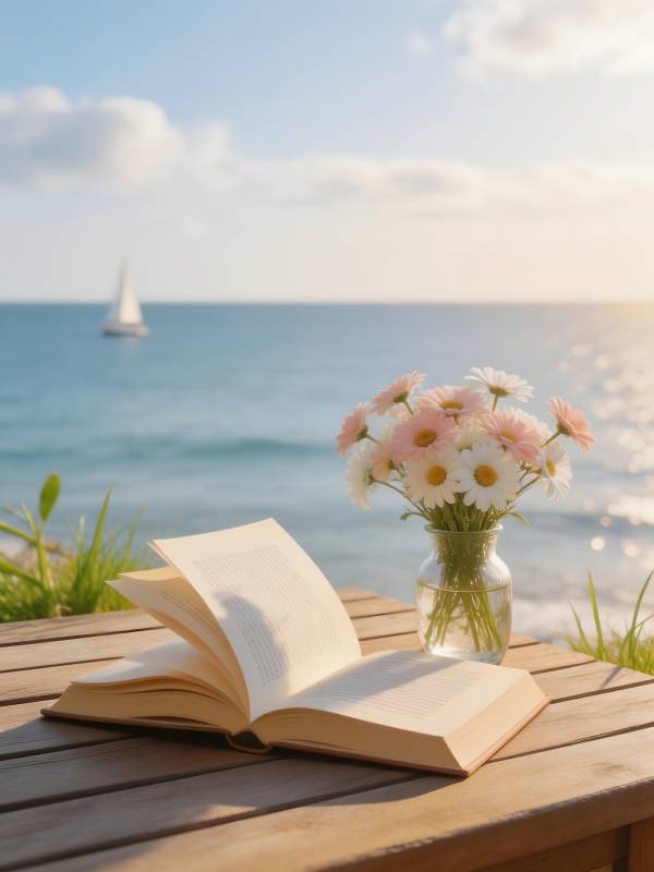 海边书与花图片