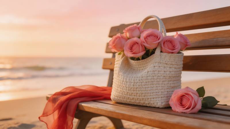 海边玫瑰与篮子图片