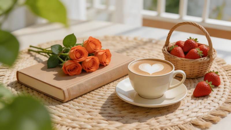 咖啡书香伴玫瑰图片