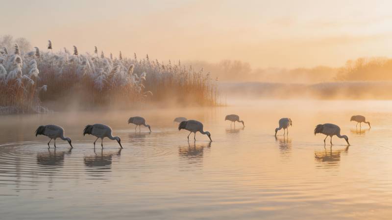 晨雾中的鸟群图片
