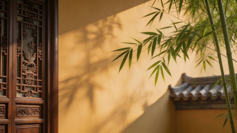 竹影映古门图片