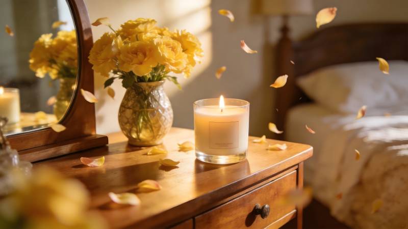 温馨卧室花香烛光图片