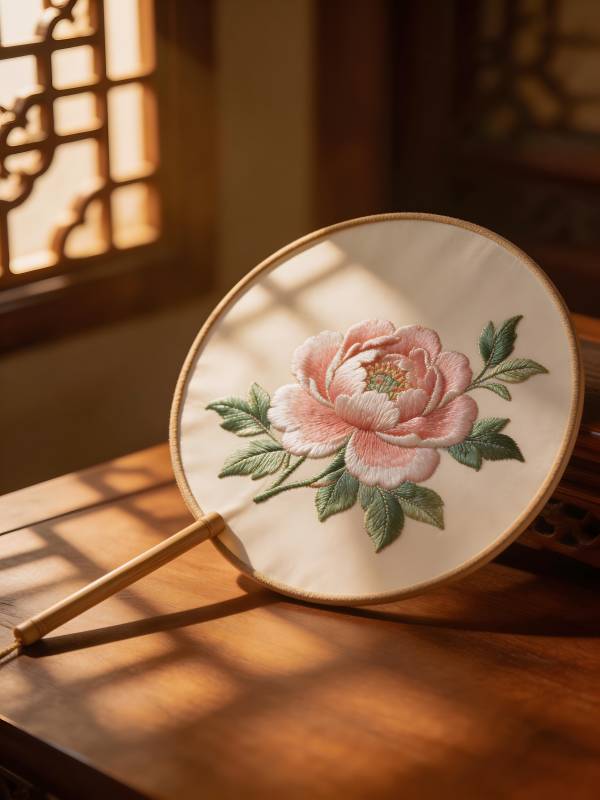 绣花团扇静置光影图片