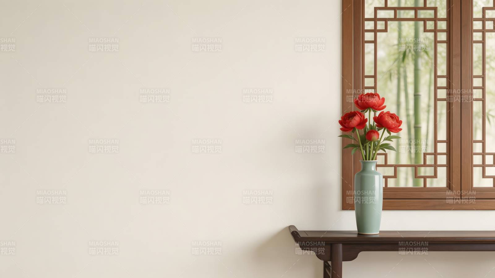 红花绿瓶映窗景图片