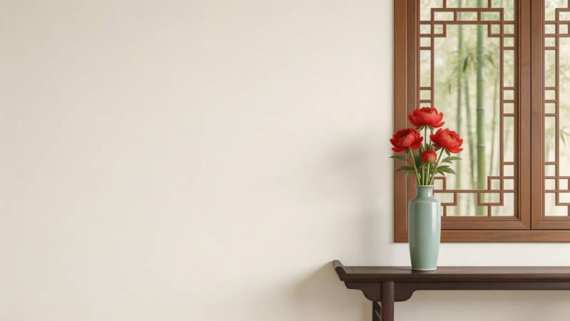 红花绿瓶映窗景图片