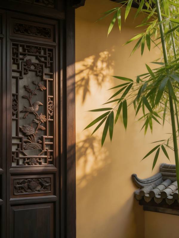 竹影雕门映墙黄图片