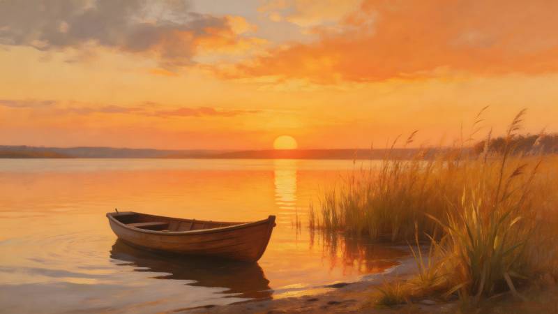 夕阳下的静谧湖畔图片