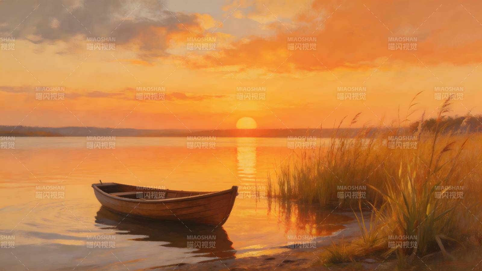 夕阳下的静谧湖畔图片