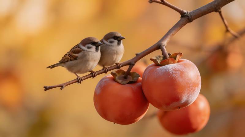 秋枝双雀伴柿红图片