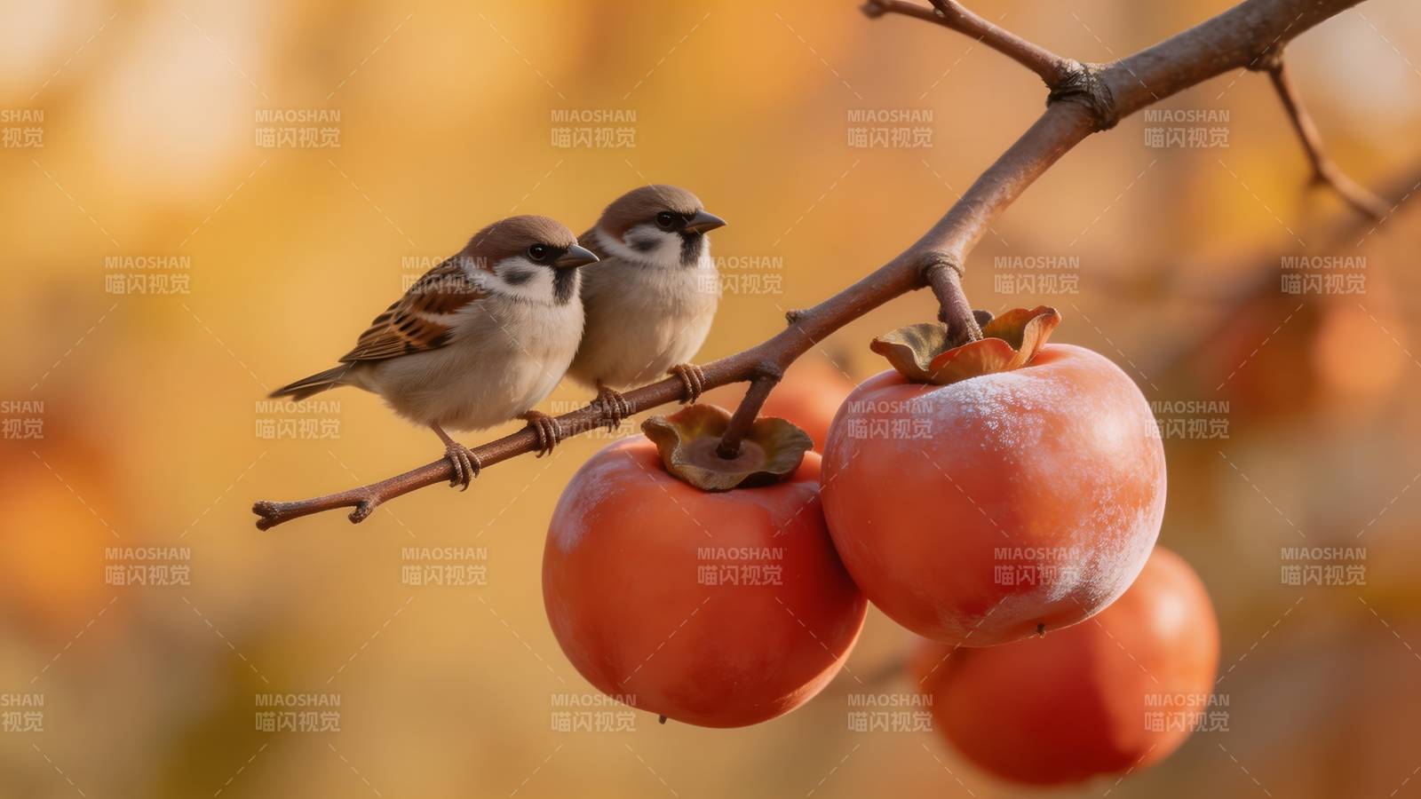 秋枝双雀伴柿红图片