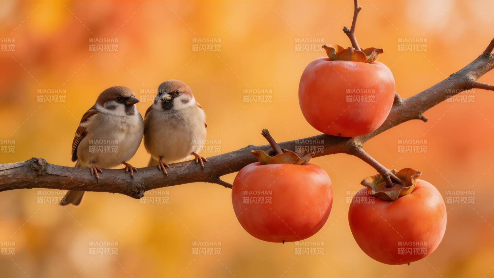 秋枝上的小鸟与柿子图片