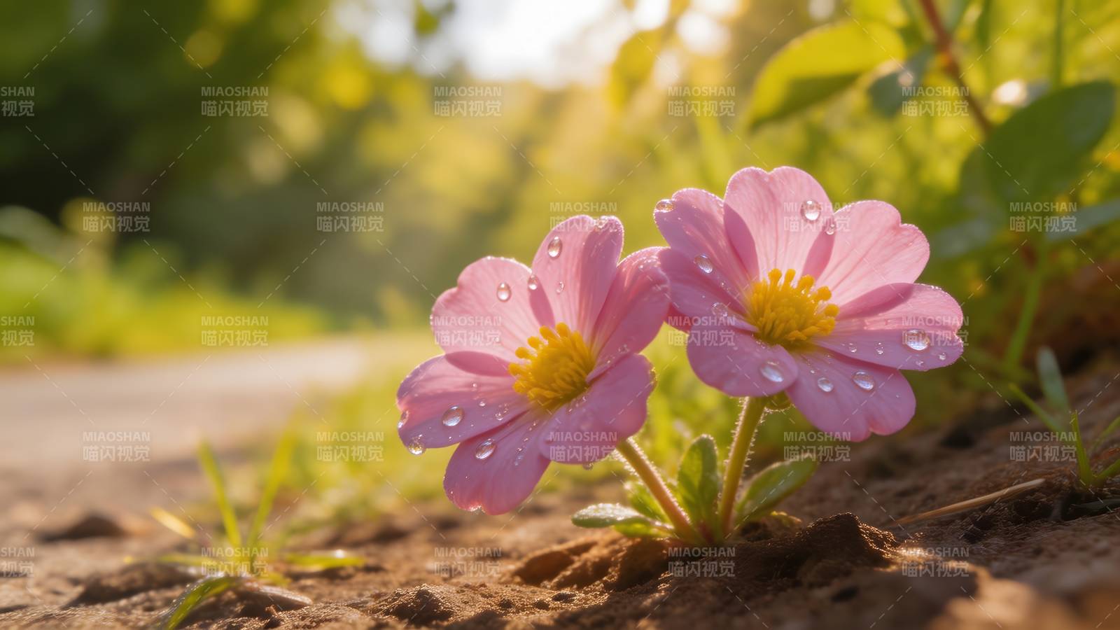 露珠点缀粉花图片