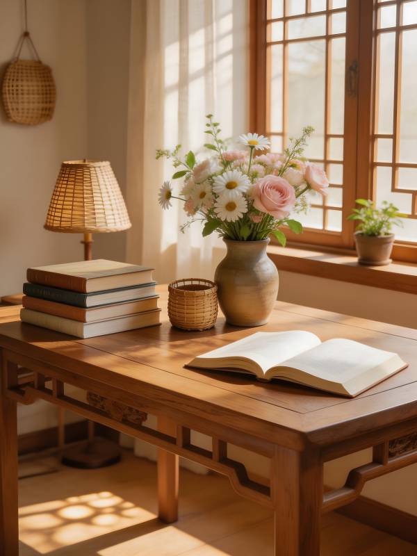 静谧书桌花影图片